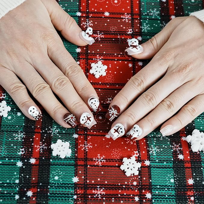 3D Snowman Press on Nails Short Coffin - 3D Embossed Burgundy Red and White Press-on Nails with Snowflakes, Necklace False Nails for Winter (Squeeze Snowman, M)