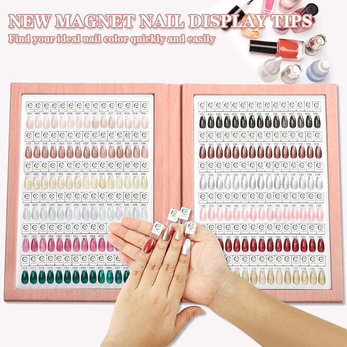 Magnetic Nail Swatch Book,180 Nail Color Display Book with 192 Magnetic Tips,Professional Nail Salon Color Display Book for Easy Preview & Storage