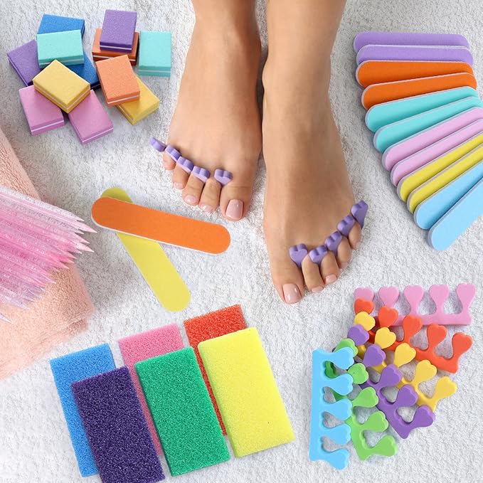 60 Sets Disposable Pedicure Kit Individually Package 5 in 1 Pedicure Tools Pumice Stone for Feet 80/100 Grit Nail File Mini Buffer Block Toe Separator Cuticle Pusher Clear Bag for Salon Home