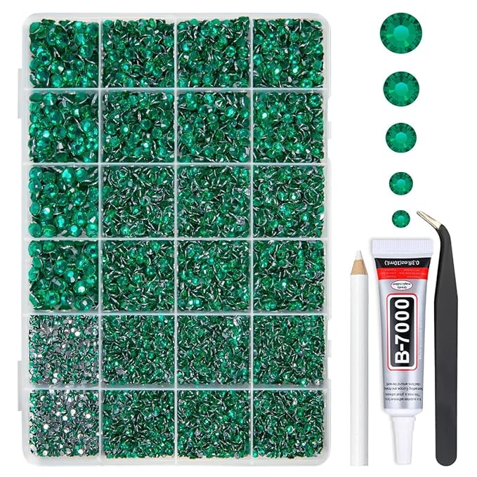 Jade Green Crystal Resin Rhinestones w B7000 Glue for Bedazzling Crafting 2mm-6mm Flatback Stones Diamonds Crystals Gems Bedazzler Kit for Nails Face Eyes Makeup Tumblers Bottles Crafts Shoes