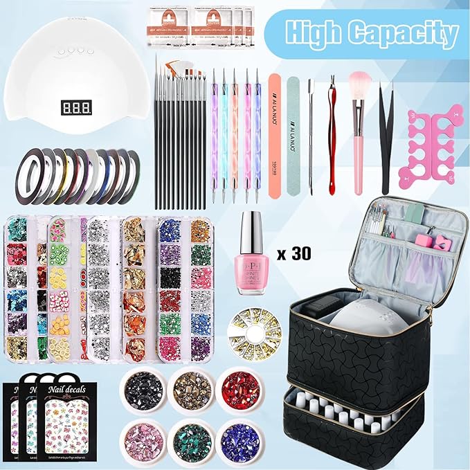Nail Polish Organizer and Nail Lamp Case, Nail Kit Organizer Holds 30 Bottles (15ml - 0.5 fl.oz) and a Nail Lamp, Nail Polish Carrying Case with Manicure Tools Storage Sections (B-Black)