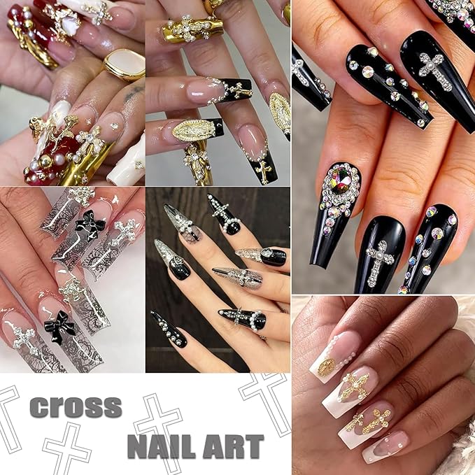 80Pcs Cross Nail Charms Gold Silver Y2k Nail Art Rhinestones Gems Shiny Nail Jewelry Acrylic Accessories for Women DIY Nail Decorations