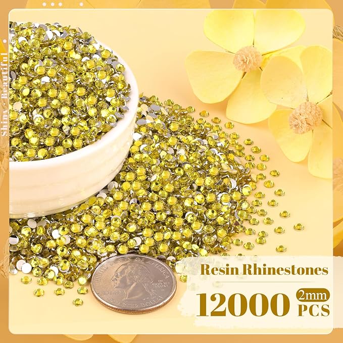 12000PCS 2mm Resin Rhinestones Bulk for Crafting (Lemon Yellow), Flatback Bedazzling Crystals for Crafts DIY Nail Decoration, Gems Charms for Tumbler Shoes Clothing Fabric with Pickup Pen And Tweezers