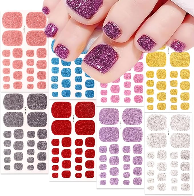 8 Sheets Glitter Toe Nail Wraps - Colorful Sparkly 3D Solid Color Polish Gel Stickers - Purple Self-Adhesive Designs for Women