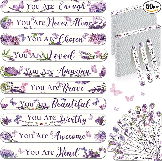 Therwen 50 Pack Christian Gift for Women Purple Butterfly Flower Inspirational Double Sided Nail File Bulk Bible Emery Board Nail Files Religious Appreciation Gift for Teacher Staff Coworker Women