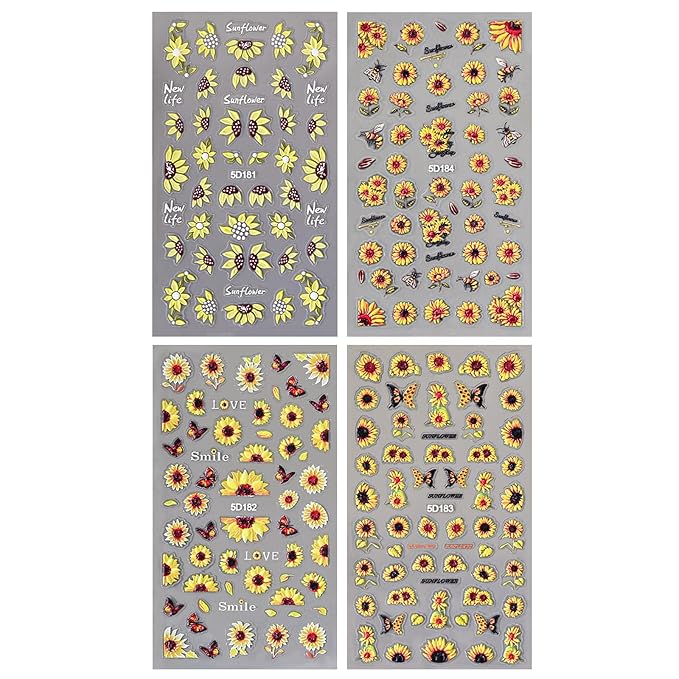 4 Sheets 5D Flower Nail Art Stickers Embossed Nail Decals Autumn Nails Art Design 3D Self-Adhesive Sunflowers Yellow Flower Nails Stickers for Women DIY Decoration