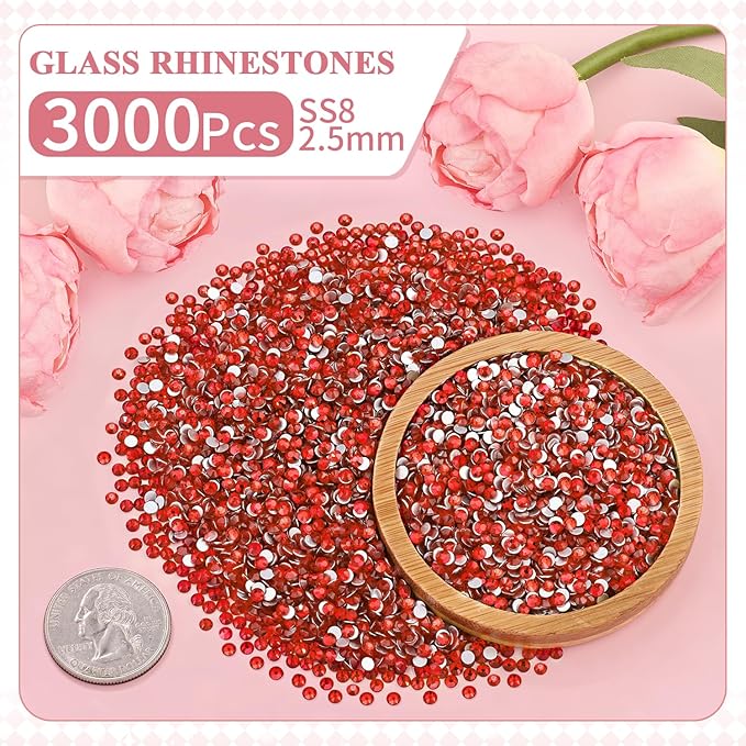 3000PCS SS8/2.5mm Crystal Rhinestones (Light Red/Light Siam), Bedazzling Flatback Glass Rhinestones for Crafting, Gems Diomand for Tumbler Shoes Clothing Mug Nail Art