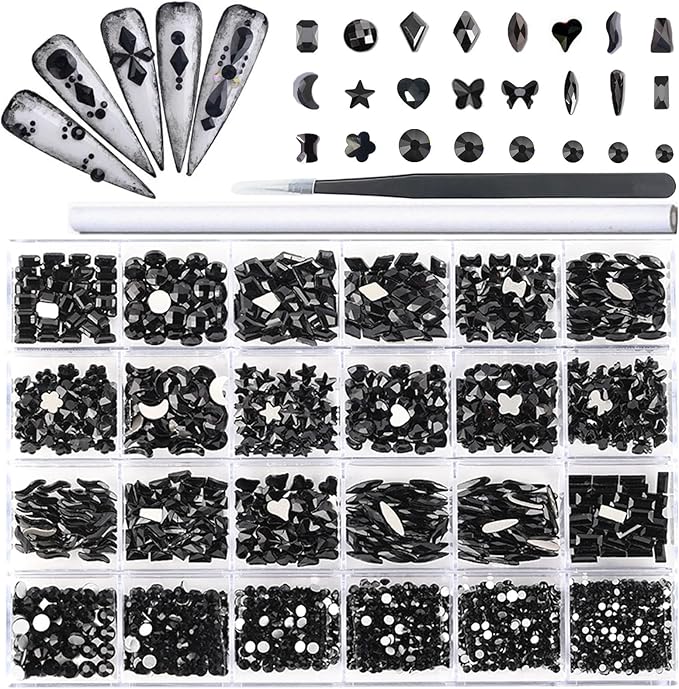 Nail Rhinestones Kit, 18 Types of 900 Special-Shaped Nail Crystal + 3200 Flat-Bottomed Nail Rhinestones, Black Nail Rhinestones for Nail Art DIY with Tweezer + Pickup Pen