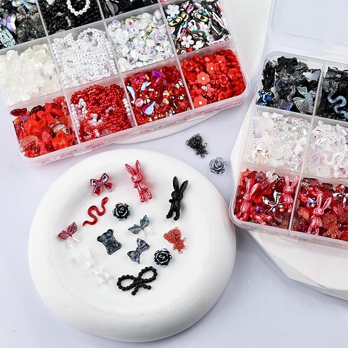 2050 Pieces 3D Butterfly Rose Flower Bow Rabbit Bear Nail Charms Kit with Nail Art Rhinestones Pearls Crystal Gems Nail Slices for Manicure DIY Crafts Jewelry Accessories (Black White Red)