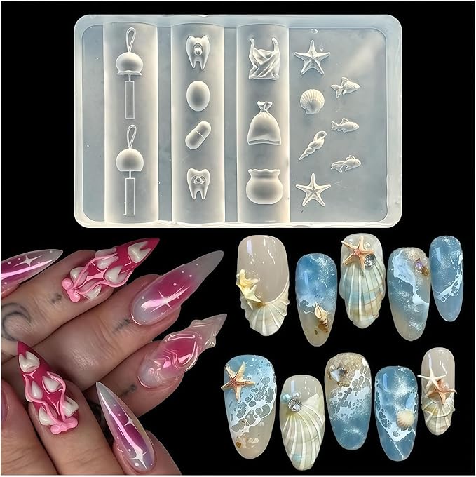 3D Marine Elements Nail Mold Multiple Shapes Teeth Wind Chimes Silicone Nails Molds Accessories Gel Plastic Bag Art Manicure Tools