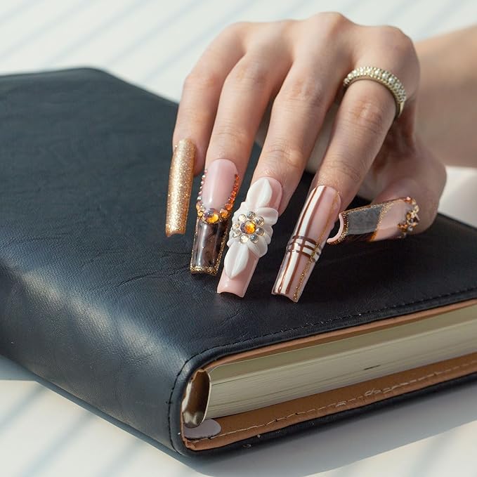 LOVFUL Press on Nails Luxurious Autumn Harvest| Handmade with Full Covered Crystals| Reusable Fake Nails| Square Mid length 1.7in| H344-S