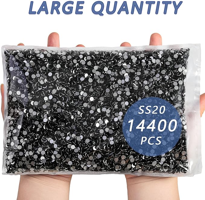 Beadsland Flatback Rhinestones Bulk,14400pcs Black Rhinestones for Nails Crafts Clothes DIY Decoration, Jet Black, SS20, 4.6-4.8mm