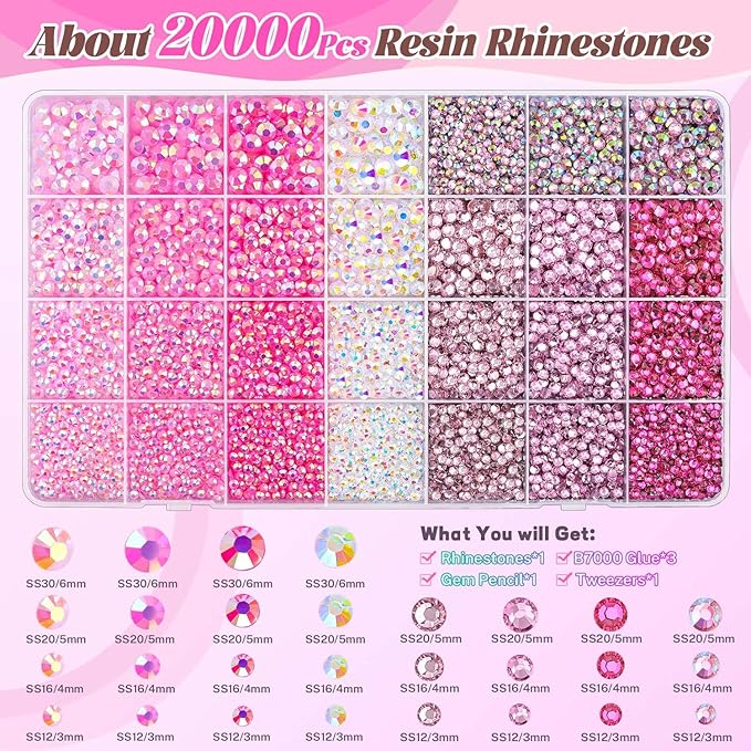 20000Pcs Pink Rhinestones for Bedazzling with 3Pcs B7000 Jewelry Glue, Resin Rhinestones for Crafting Crafts，Bedazzler Kit Flatback Gems for Clothing Shoes Tumblers Nail Art