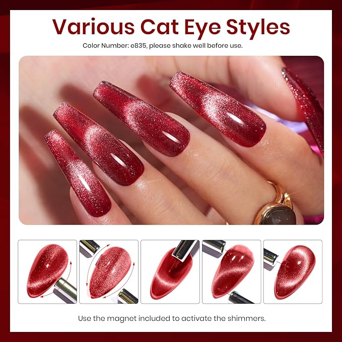 Beetles Red Gel Nail Polish Set, Gel Polish 6 Colors Cat Eye Glitter Burgundy Bright Jelly with Magnet, Soak Off LED Lamp DIY Salon at Home Manicure Gifts for Women Red Revival