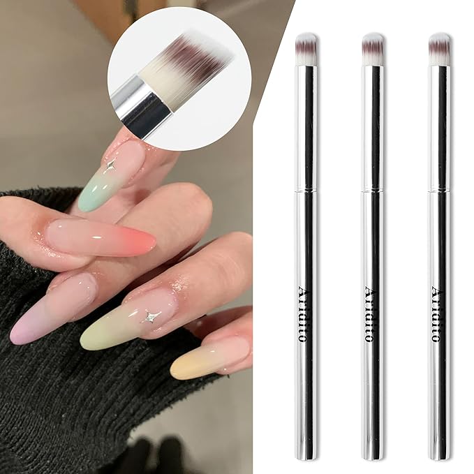 3PCS Nail Art Gradient Brushes - Silver Metal Handle, Soft Firm Bristles for Chrome/Mica Powder, Aura Nails & Eyelid Blending, No Shedding, Easy to Clean DIY Tool