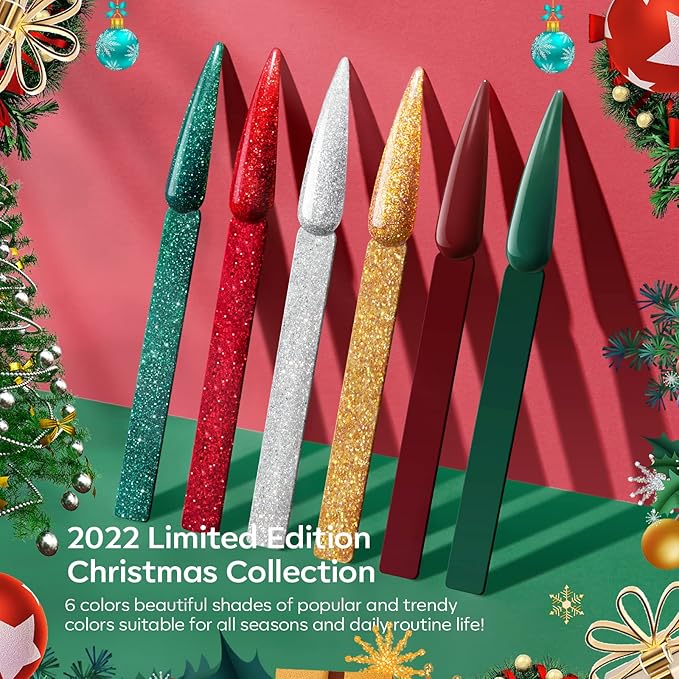 Modelones Christmas Colors Acrylic Powder Kit - 6 Colors Golden Glitter Yellow Green Dark Red Sliver Christmas Eve Cover Powder for Nail Art Extension - No Lamp Needed