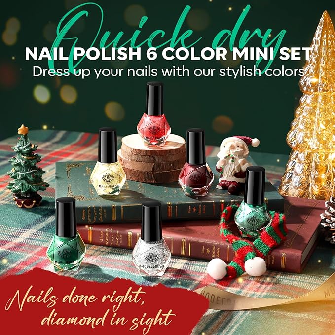 modelones Christmas Nail Polish Set 6 Colors Red Green Glitter Gold Silver Mini Nail Polish Kit Quick Dry Manicure Nail Art Manicure DIY Home Salon Gift for Women Mom