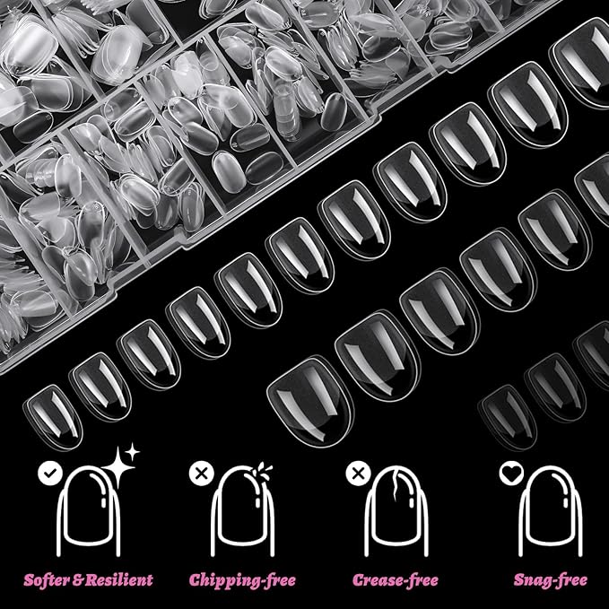LoveOurHome 600pc Extra Short Oval Nail Tips Clear Fake Nails XS Round Almond Gel Nail Tips Full Cover Acrylic Nails Clear Press on Nails Short Oval 15 Size False Fingernail for Gel Nail Extension