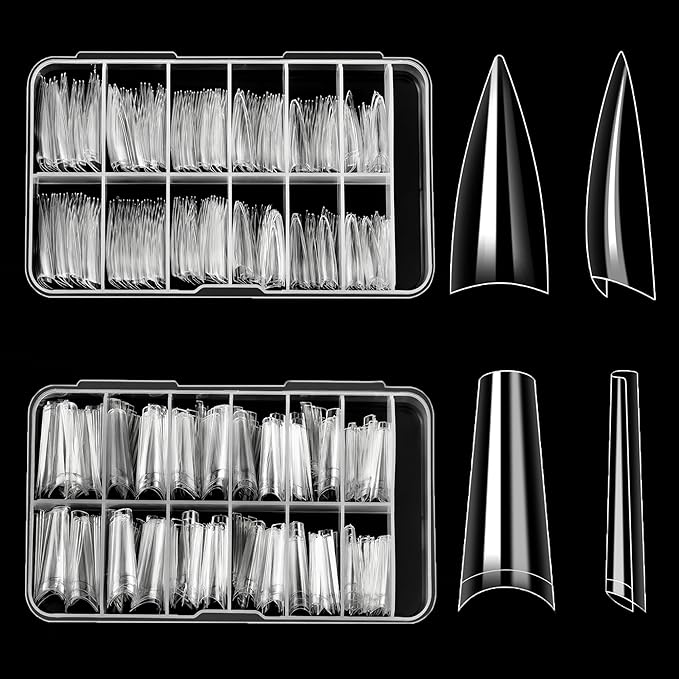 ELLEWIN 480PCS No C Curve Clear Nail Tips, Half Cover Coffin and Almond Nails for Acrylic Nails Kit, 10 Sizes Soft Gel Fake Nails Extension for Salons and Home DIY Gifts