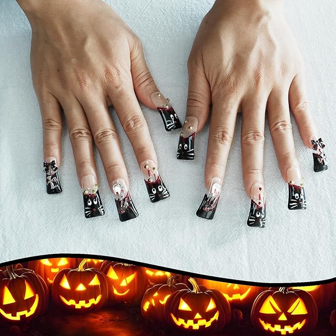 Long Duck Press on Nails - Hand-Painted Black Cat Design False Nails with Y2k Edgy Style Gold Spike Studs & Halloween Blood Drop Designs - Glossy High French Nails Tips (Hand-Painted Cat, M)