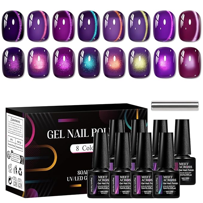 MEET ACROSS 9Pcs Cat Eye Gel Nail Polish Set Glitter Purple Magnetic Gel Polish Kit with Magnet, Sparkly Shiny Magnetic Cateye Nail Polish DIY Manicure Kit 8 Colors