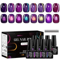 MEET ACROSS 9Pcs Cat Eye Gel Nail Polish Set Glitter Purple Magnetic Gel Polish Kit with Magnet, Sparkly Shiny Magnetic Cateye Nail Polish DIY Manicure Kit 8 Colors