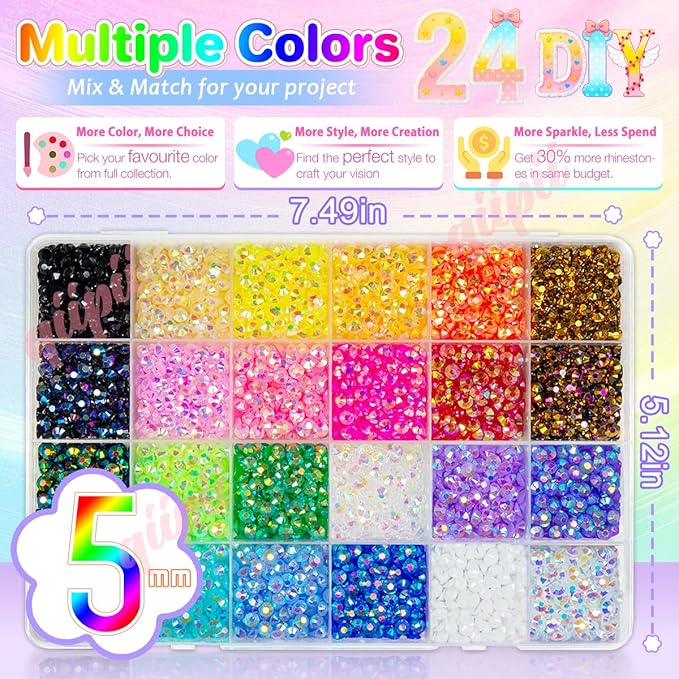 Resin Rhinestones Flatback Stones Jelly Gems Diamonds 24 Color 3800pcs 5mm SS20 Colorful AB Rhinestones Charms for Nails Eyes Face Makeup Bedazzling Crafting Tumblers Bottles Crafts Clothes