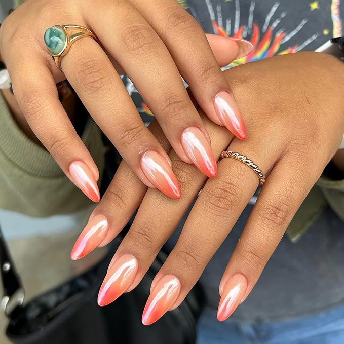 Chrome Press On Nails Almond, Glazed Ombre Nude to Coral Pink Glue on Nails Medium Press Ons, Acrylic Natural Fit Stick on Nails in 12 Sizes - 24Pcs Fake Nail Kit for Women Daily & Party Wear