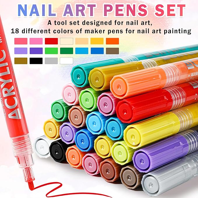 18 Colors Nail Art Pens Set Nail Polish Pens Nail Art Drawing Graffiti Marker Pen Quick Dry Waterproof Nail Art Painting Pens Kit for Home DIY Nail Art Design