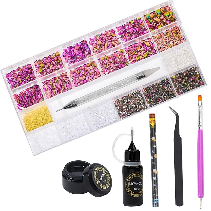 Nail Rhinestones Kit 9080PCS Flatback Rhinestones for Nail Crystals Decoration Nail Hearts Multi Shapes Mix Size Metal Beads Pearl Gold Silver with Glue Gel and Pen Brush Tweezers (Flame Red)