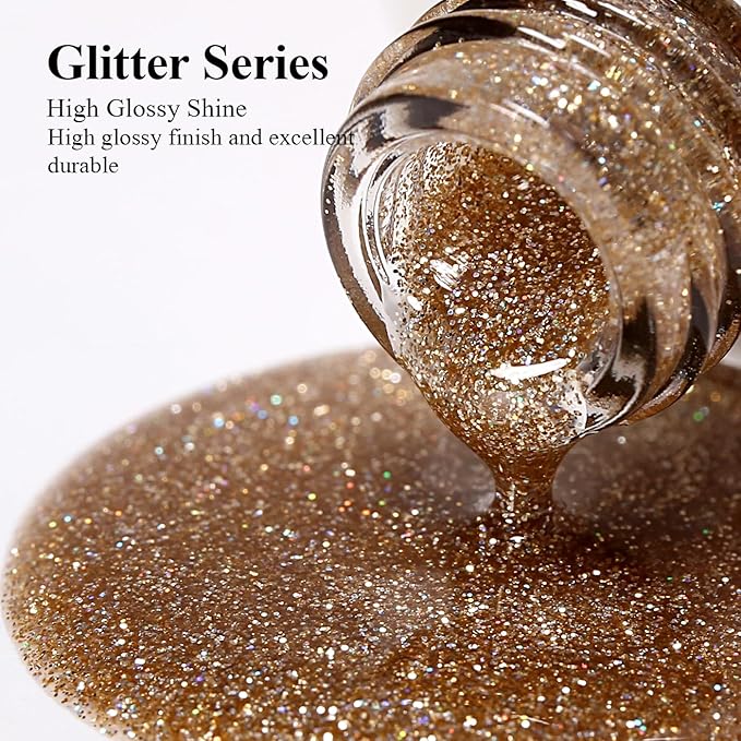 Imtiti Champagne Gold Glitter Gel Polish, LED U V Soak Off Shimmer Sparkle Nail Gel Polish DIY Nail Art Starter Kit for Women Girls 10ML