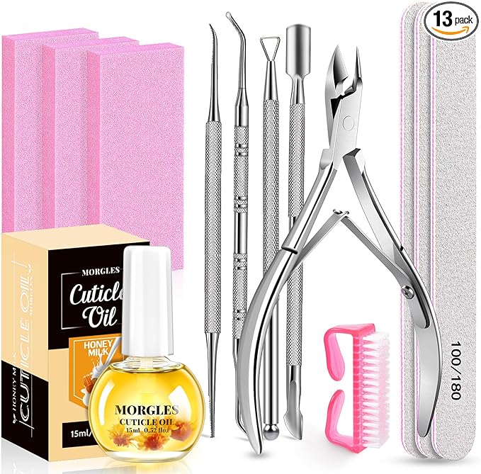 MORGLES Nail File and Buffer Blocks with Nail Care Kit, 13 Pcs Manicure Kit for Women with Milk and Honey Cuticle Oil and Cuticle Trimmer Set