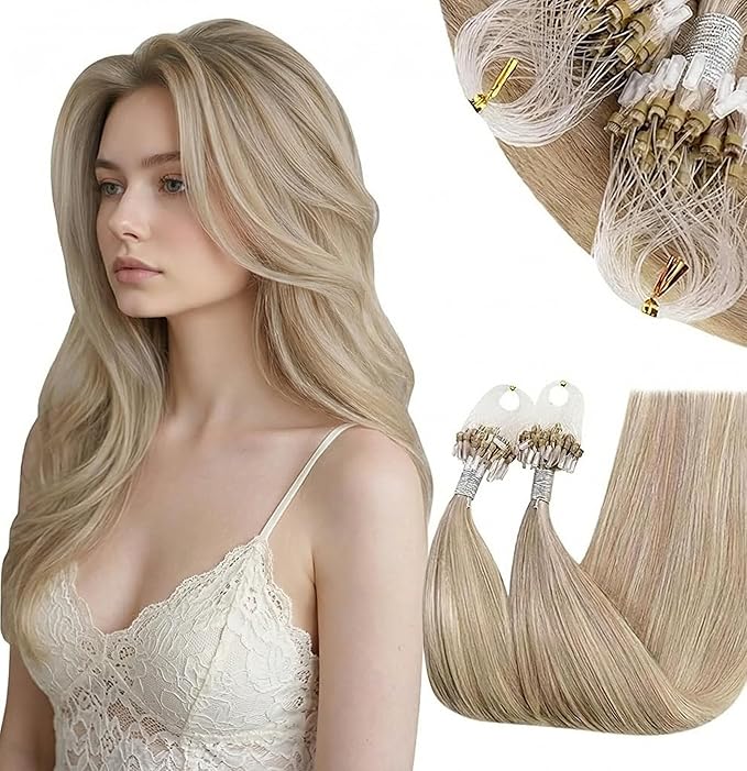 RUNATURE Micro Loop Hair Extensions Human Hair Ash Blonde Highlight Paltinum Blonde Micro Beads Extensions Human Hair Blonde Micro Link Extensions Real Hair 20 Inch 50 Gram