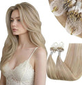 RUNATURE Micro Rings Hair Extensions Real Human Hair Ash Blonde Highlights Blonde Micro Link Extensions Human Hair Blonde Micro Beads Hair Extensions 18 Inch 50s/50g