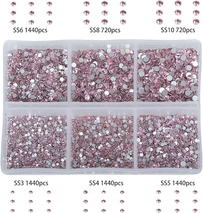 Bymitel 7200 Pieces 6 Mixed Sizes Glue Fix on Glass Rhinestones Round Crystal Gems Flatback for DIY Jewelry Making with one Picking Pen(6-Sizes 7200PCS, Lt. Rose)
