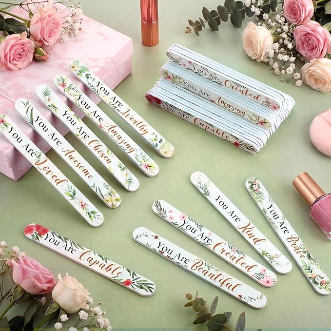 Therwen 50 Pack Inspirational Gift for Women Flower Christian Double Sided Nail File Bulk Mini Emery Board Thank You Gift for Employee Teacher Staff Coworker Women Mother