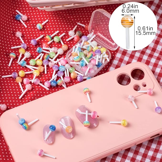 PAGOW 200pcs 6mm Lollipop Nail Charm Colorful Candy Mini Sugar Nail Art 3D Acrylic Decorations Kawaii Accessories Sweet Christmas Valentine Birthday Gift for Women Teen Girls