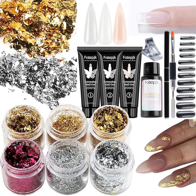 Poly Nail Gel Kit with Gold Nail Foil Flakes