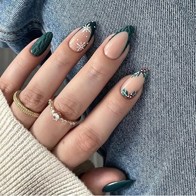 Press On Nails Almond Christmas, French Tip Press on Nails Short, Glue On Nails for Women Gift, Supremely Fit Natural Reusable Stick On Nails in 12 Sizes -24 Fake Nails Kit, French Dark Green