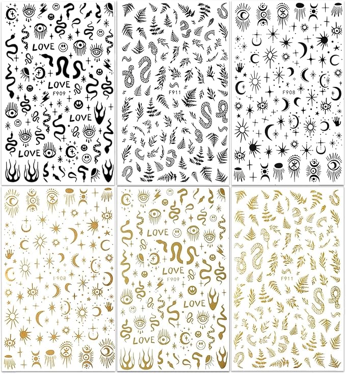 6 Sheet Gold Nail Stickers Black Snake Eyes Leaf Nail Art Stickers 3D Self-Adhesive Bronzing Sun Star Decals Starlight Nail Design Sticker for Acrylic Nail Supplies Women Nail Decorations
