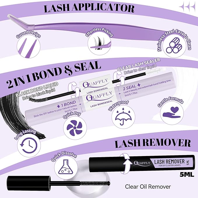 Lash Clusters Kit 1018 Pcs Eyelashes Clusters Extensions Kit 8-18mm Individual Lashes Volume False Eyelashes With Bond Seal*2 Remover Tweezers Brush*10 For DIY Lash Extensions