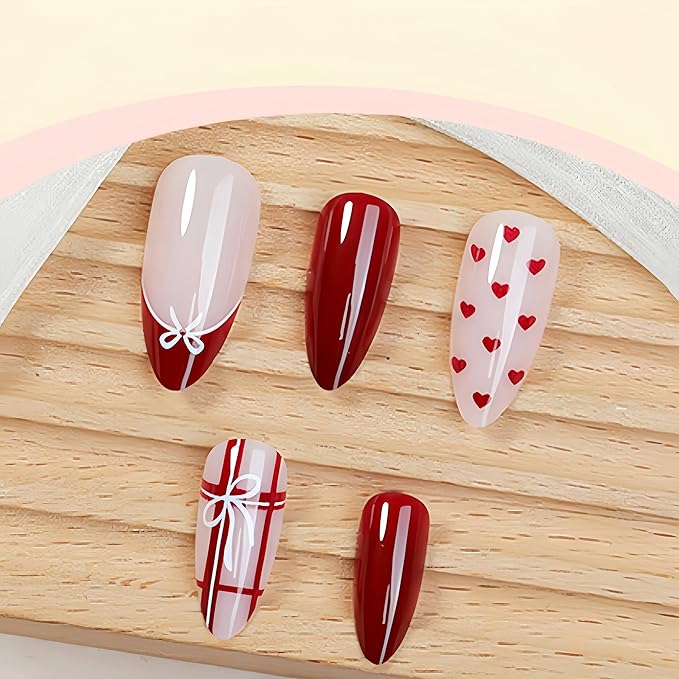 24Pcs French Tip Press on Nails Medium Almond Fake Nails with Red Heart Plaid Bow Designs Glossy False Nails Cute Mini Bow Burgundy French Acrylic Nails Glue on Nail for Coquette Women Girlfriend Gift