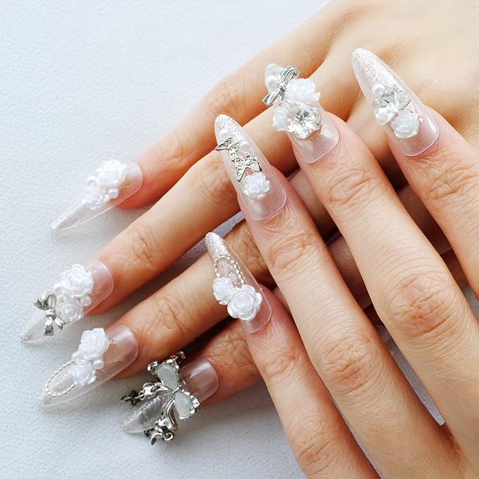 Luxury Long Almond Press-On Nails, 3D White Roses with Silver Glitter, Pearl and Rhinestone Decorations, Handmade False Nail 10 Pieces (Medium, LS)