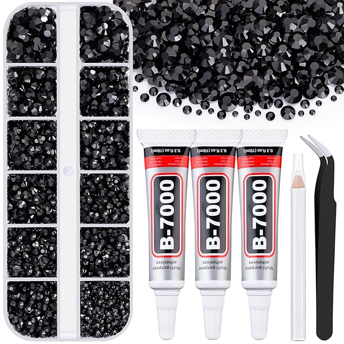 6000Pcs Resin Rhinestones for Bedazzling with 3Pcs B7000 Jewelry Glue, 1 Box Black Flatback Rhinestones for Crafting Crafts DIY, Crystals Gems for Clothing Shoes Tumblers Nail Art Makeup