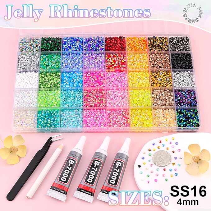 20000Pcs Resin Jelly Rhinestones for Bedazzling, 4mm Mixed-Color Flatback Gems for Diamond Art, Bedazzler Kit with 3Pcs 10ml B7000 Jewelry Glue for Crafting Crafts Book Shoes Nail Art
