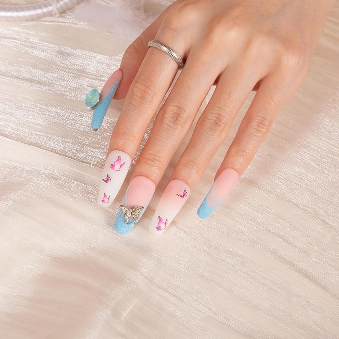 LOVFUL Press on Nails Sky Dance French Tip | Handmade with Full Covered Crystals | Reusable Full Cover Nails | Coffin Classic Regular 1.3 in | H282-M