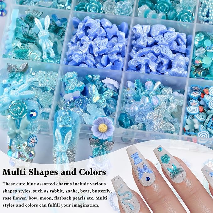 850 Pieces 3D Butterfly Rose Flower Bow Rabbit Bear Nail Charms Kit with Nail Art Rhinestones Pearls Crystal Gems Nail Slices for Manicure DIY Crafts Jewelry Accessories (Blue)