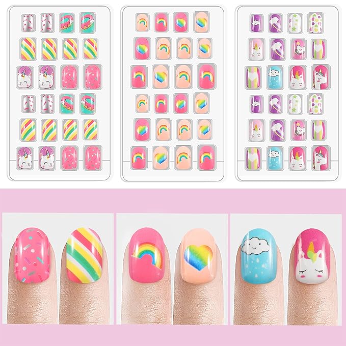 Laza 72pcs Children Nails Press On Pre-glue Full Cover Pink Yellow Blue Heart Doughnut Cloud Unicorn Short False Nail Kits for Kids Teenager Girls - Pink Rainbow