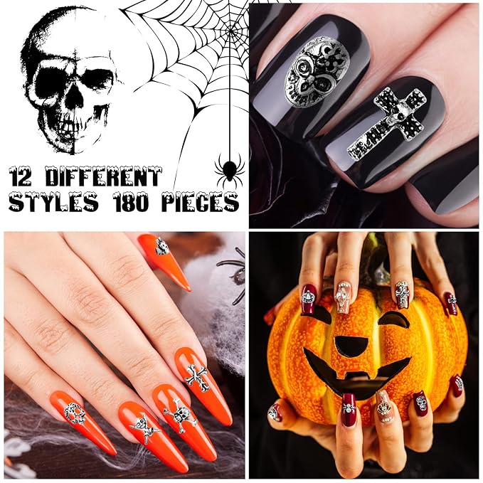 180 Pieces Halloween Nail Charms Metal 3D Vintage Skull Cross Rhinestones Ghost Bat Skeleton Nail Charms for Women DIY Halloween Supplies(Silver)