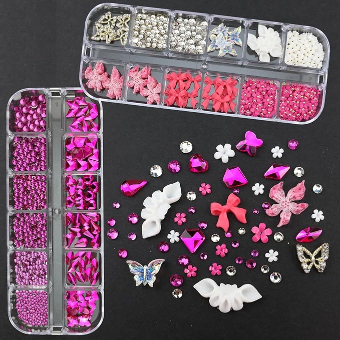4 Boxes Pink Red Nail Gems Bow Flower Nail Charms for Acrylics - Irregular Crystals, Nails Rhinestone & Accessories for Women Nails Art Design Nails Decor(Pink & Red)